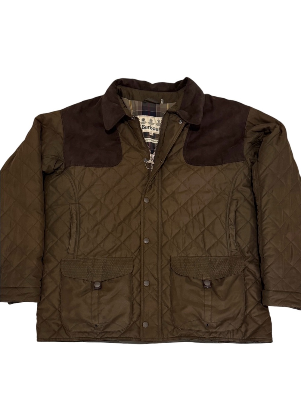 Barbour Fulmar Puff Quilted Jacket Dark Olive Green Original Tartan Lining XXL